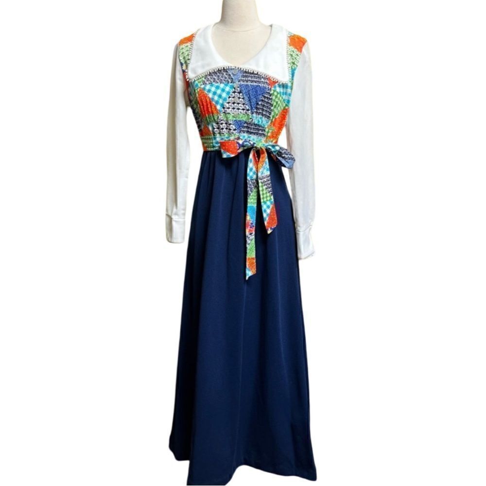 Vintage 70s Multicolor Rainbow Patchwork Pilgrim Collar Twofer Belted Maxi Dress